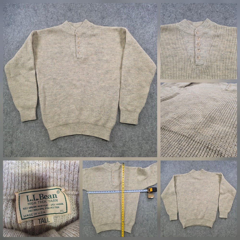 Vintage L.L.Bean Sweater Mens XLT Beige Mock Neck Henley Wool Blend USA Knit